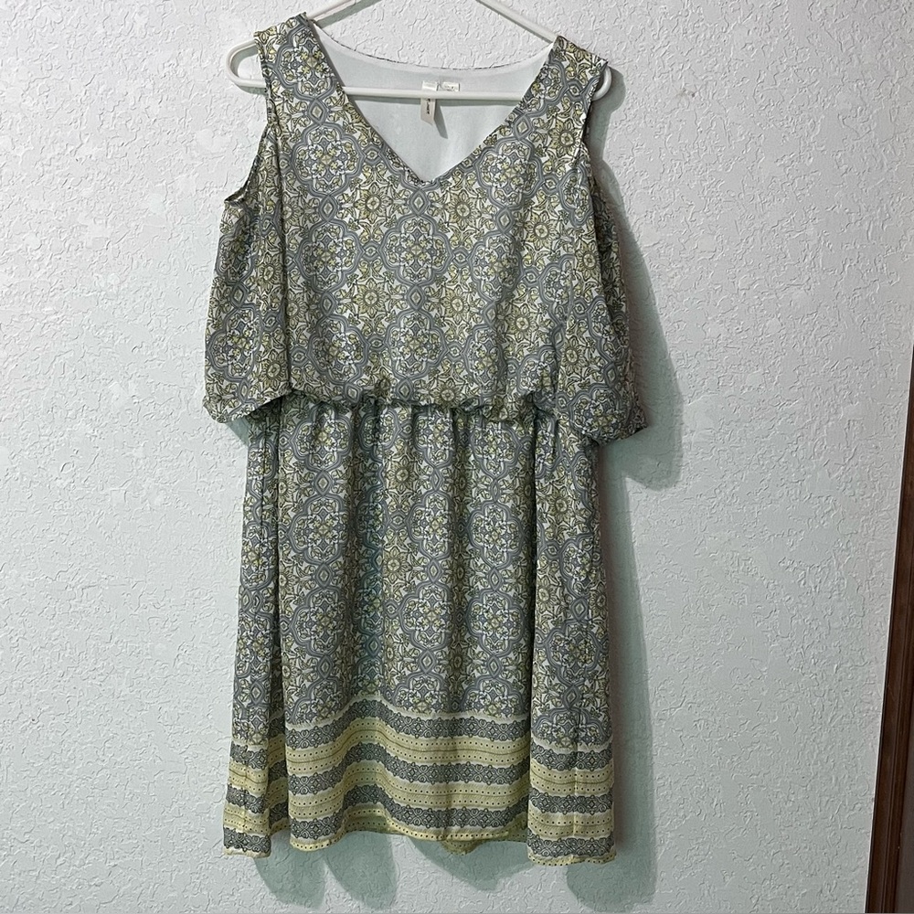 Tacera Yellow And Gray Boho Breeze Cold Shoulder Knee Length Dress Size XL